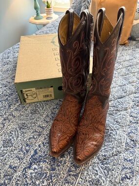 Vintage Roper Brown and Tan Ladies Snip Toe Cowboy Boots 8.5 Leather